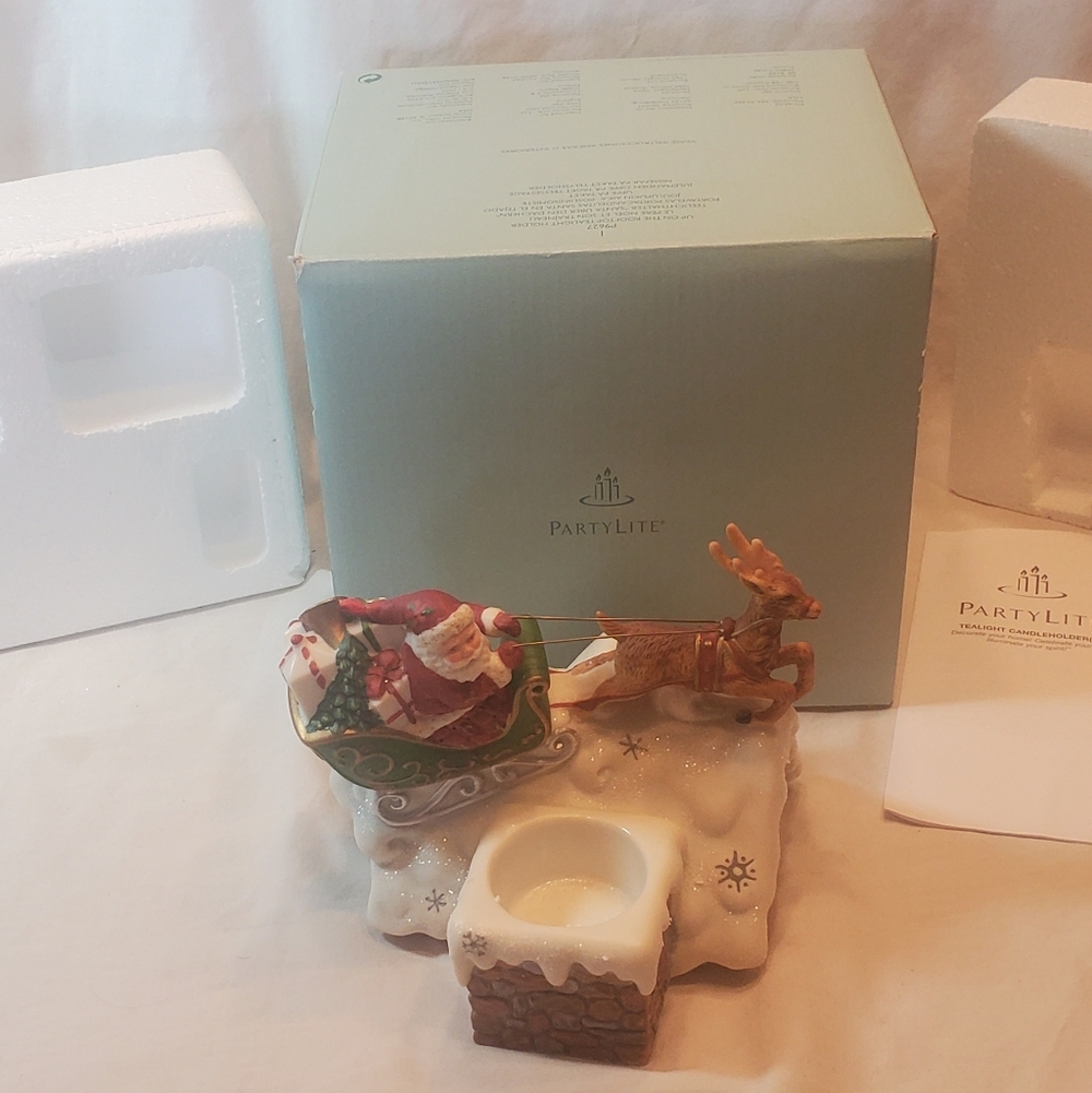 PartyLite Up On The Rooftop Santa and Reindeer Tealight Holder Votive Candle